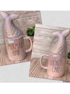 NWT Rae Dunn “MERMAID HAIR / DON’T CARE” Iridescent Ceramic Mug Mermaid Tail Lid